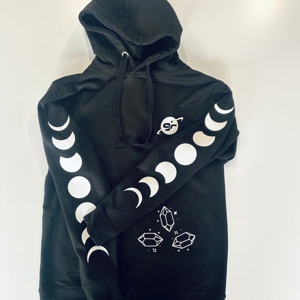 DESIGNER WITCHCRAFT MOON Phases Hoodie, schwarzer Kapuzenpullover mit hochwertigem Druck / gothic clothes Mondphasen fashion / galaxy rain