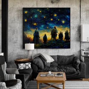 May include: A painting of a group of people walking through a field under a starry night sky. The painting is in a Van Gogh style with swirling brushstrokes and bright colors.