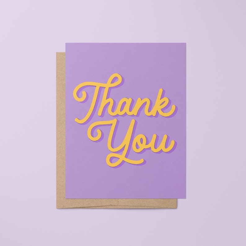 Thank You card, yellow purple gratitude card, hand lettered appreciation card, hand lettered thank you card, yellow purple thank you card image 1