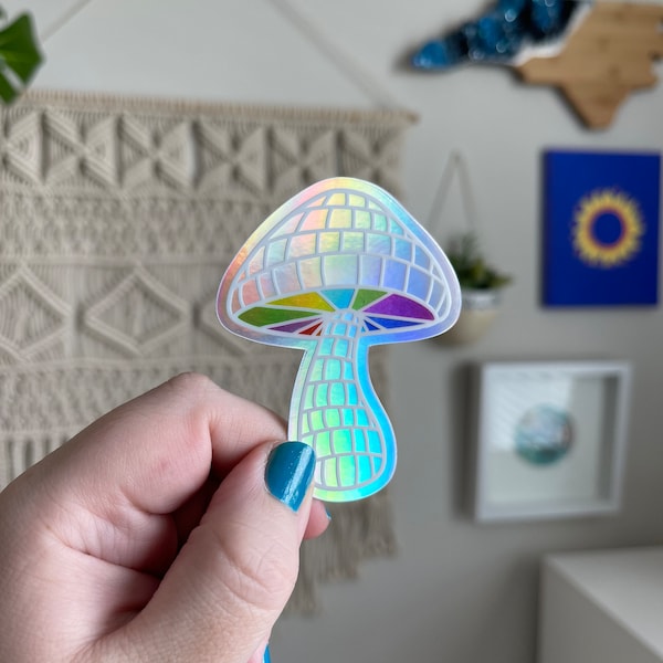 Holographic disco ball mushroom sticker, psychedelic waterproof weatherproof vinyl sticker, laptop water bottle tumbler hydroflask sticker