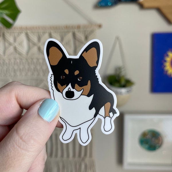 Mango the corgi sticker, UPDATED illustration, tri color corgi, Pembroke Welsh corgi, waterproof weatherproof laptop water bottle sticker