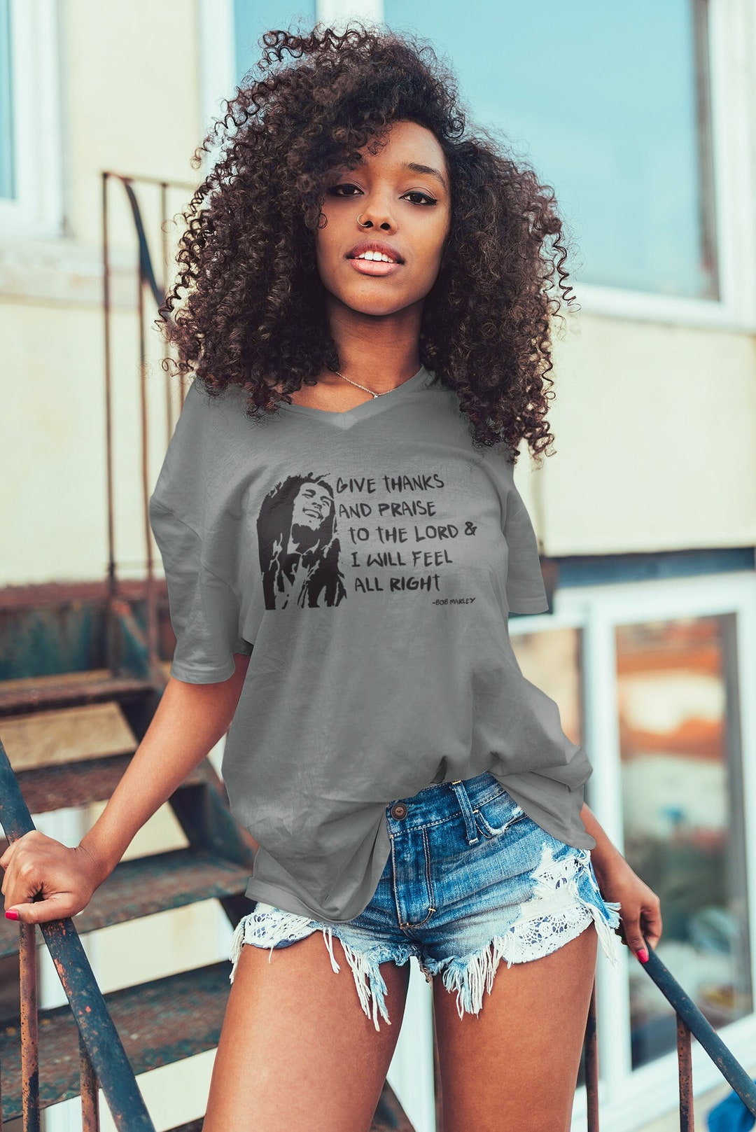 Bob Marley V-Neck Tee, One love, Give Thanks and Praise To the