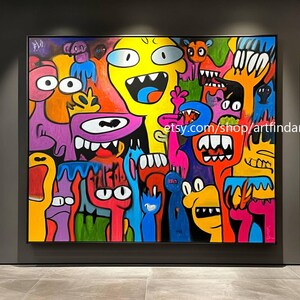 Arte de pared abstracto de gran tamaño con caras, arte colorido, arte pop, dibujos animados, arte xxl, pintura moderna, arte contemporáneo #a84