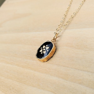 Abstract Flower on Black Onyx Pendant Necklace on Gold Filled Chain ; Black and Gold Pendant