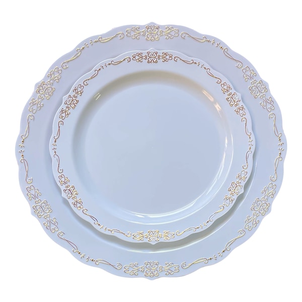 BLISSFUL DINING | 50 Pieces Disposable White and Gold Plastic Plates Set: 25Pcs – 10” Dinner Plates & 25Pcs – 7.5” Appetizer/Dessert Plates