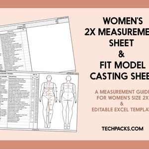 May include: A black and white illustration of a woman's body with measurement points marked. The image is part of a printable measurement sheet for women's size 2X, titled "Women's 2X Measurement Sheet & Fit Model Casting Sheet". The text "A Measurement Guide for Women's Size 2X & Editable Excel Template" is also included. The website "TECHPACKS.COM" is displayed at the bottom.