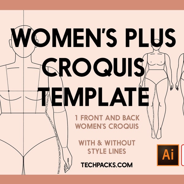 Women's Plus Fashion Figure Croquis Editable Template • With & Without Style Lines