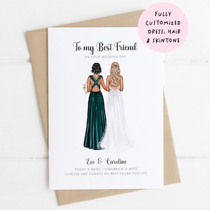 Op de afbeelding: Een gepersonaliseerde trouwkaart met een illustratie van twee vrouwen in jurken. Eén draagt een donkergroene jurk, de ander een witte trouwjurk. De kaart leest "To my Best Friend" en bevat de namen "Eve & Caroline."