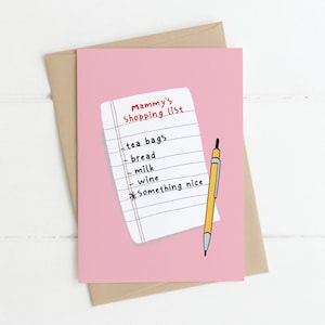 Karte zum Muttertag - MAMMY'S SHOPPING LIST | Lustige Karten, Muttertagskarte, irische Mammy, irische Karte, lustige Mamkarte, Muttertagsgeschenkideen