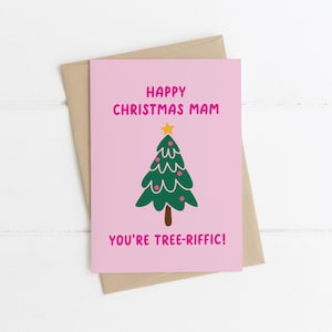 Tarjeta navideña TREE-RIFFIC MAM, tarjetas navideñas para mamás, tarjeta navideña divertida, tarjetas para ella, tarjeta navideña con juego de palabras, tarjetas para madres, regalos para mamás