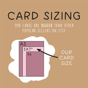 May include: Image showing card sizing information. Text reads "CARD SIZING" and "OUR CARDS ARE BIGGER THAN OTHER POPULAR SELLERS ON ETSY." The image shows A5, 5x7", and A6 card sizes, with an arrow pointing to the "OUR CARD SIZE" label.