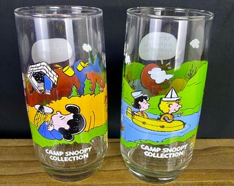 Camp Snoopy Glasses - Set of Two (2) - Linus, Lucy, Charlie, Woodstock - Picnic & Rafting Scenes - Peanuts  - Charles Schulz  - Like New