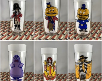 McDonald's 1977 Promotional Glasses-Complete Set of Six (6)- Collector Series-Ronald-Hamburglar-Grimace-Mayor McCheese-Captain Crook-Big Mac