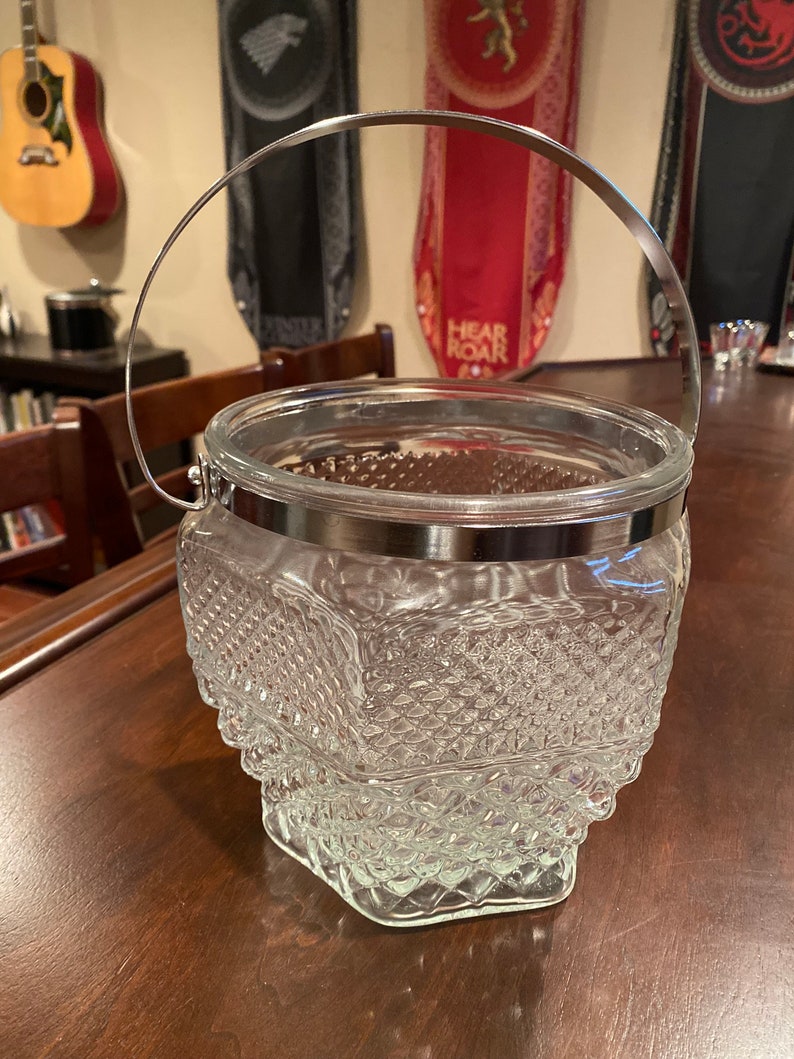 Anchor Hocking Crystal Cut Wexford Pressed Glass Ice Bucket with Silver Handle image 2