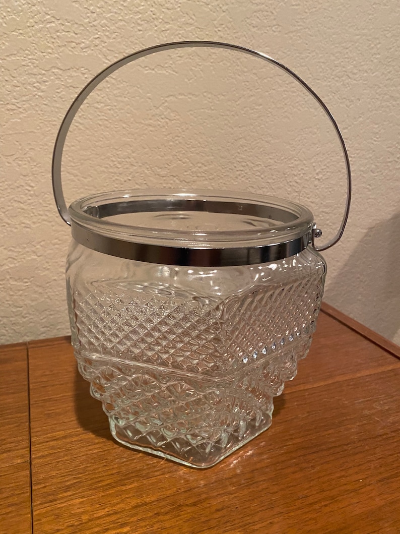 Anchor Hocking Crystal Cut Wexford Pressed Glass Ice Bucket with Silver Handle image 1