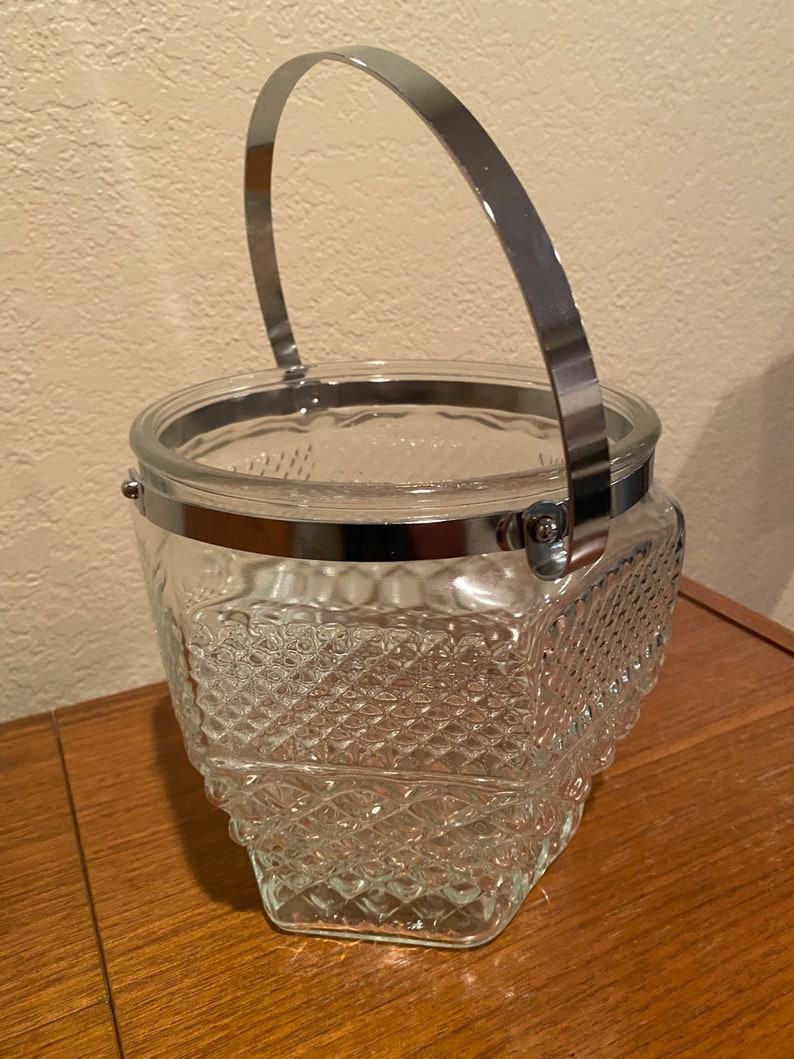 Anchor Hocking Crystal Cut Wexford Pressed Glass Ice Bucket with Silver Handle image 6