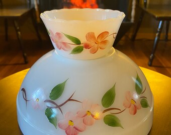 Fire King Dogwood Mixing Bowl & Ramekin/Custard Cup - Milk Glass - Pink and Green Floral - Vintage MCM