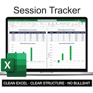 Könnte beinhalten: Ein Laptop zeigt eine Excel-Tabelle mit dem Titel "Session Tracker". Die Tabelle zeigt Datentabellen und grüne Balkendiagramme zur Leistungsanalyse. Das Bild enthält das Excel-Logo und den Text "CLEAN EXCEL • CLEAR STRUCTURE • NO BULLSHIT."