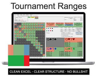 May include: A laptop screen displays the software interface Tournament Ranges with a grid of colored squares, poker hand combinations, and statistical data. Below the screen, a black banner features the text CLEAN EXCEL · CLEAR STRUCTURE · NO BULLSHIT.