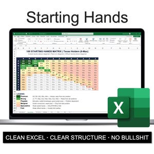 Puede incluir: Un portátil muestra una hoja de cálculo titulada "169 STARTING HANDS MATRIX | Texas Holdem (6-Max)". La pantalla muestra una matriz codificada por colores de manos de póquer. El texto "Starting Hands" está encima de la pantalla. Debajo de la pantalla está el texto "CLEAN EXCEL • CLEAR STRUCTURE • NO BULLSHIT".