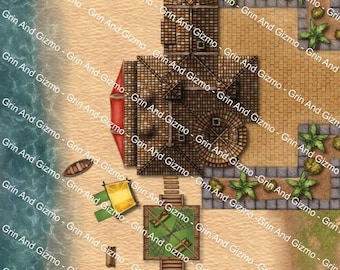 May include: A top-down view of a wooden building with a red roof on a sandy beach. The building has a wooden deck with a small table and chairs. There are palm trees and bushes surrounding the building.