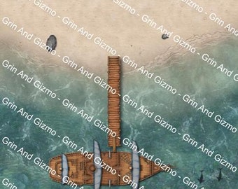 May include: A wooden ship with three white sails docked at a wooden pier. The ship is in the water, which is a light blue-green color. The background is a light brown color with the text "Grin And Gizmo" repeated.