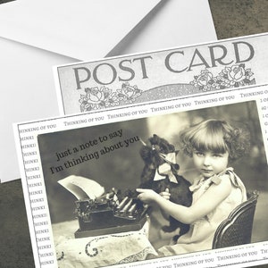 Escribir mientras piensas en ti postal y sobre de foto vintage, papelería de saludo/amistad, arte de pared, álbum de recortes, diario de arte