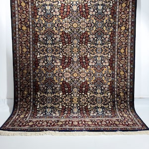 Turkish Hereke Hand Knotted Flower Model Seven Mountains Rug, Turkish and World&#39;s Best Carpets, Navy Blue Wool and Silk Rug, rug for home