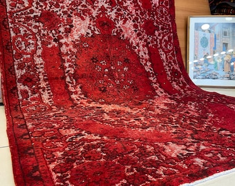 Vintage Hand-Knotted Turkish Wool Rug, Red Floral Carpet (256x163cm)