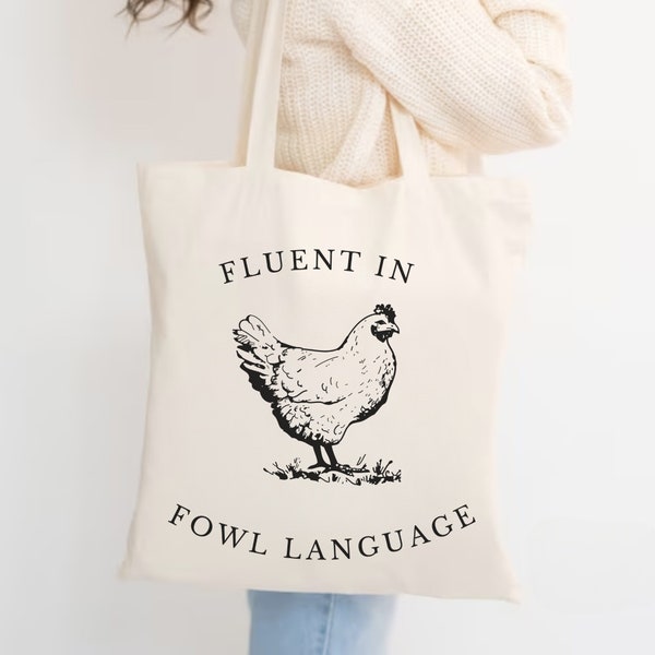 Chicken Tote Bag Fluent in Fowl Language, Funny Gift for Chicken Lover,Farmers Market Canvas Tote Bag,Reusable Beach Library Grocery Bag