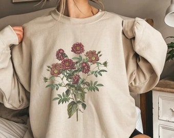 Vintage Flower Botanical Sweatshirt Womens Cottage Core Aesthetic Floral Roses Oversized Crewneck Sweater Plus Sized Jumper Wildflowers Top