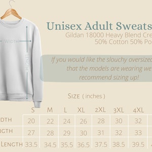May include: Size chart for a unisex adult sweatshirt made of a blend of cotton and polyester. The chart shows the width, length, and sleeve length in inches for sizes S through 5XL.