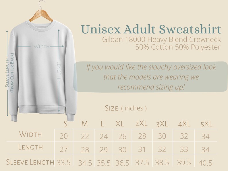 May include: Size chart for a unisex adult sweatshirt made of a blend of cotton and polyester. The chart shows the width, length, and sleeve length in inches for sizes S through 5XL.