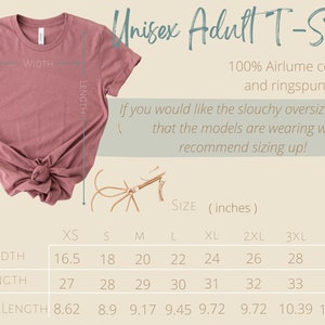 May include: A size chart for a unisex t-shirt made of 100% airlume combed and ringspun cotton. The chart shows the width, length, and sleeve length in inches for sizes XS to 4XL.