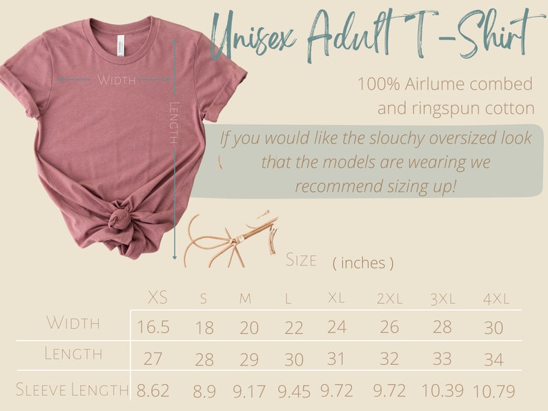 May include: A size chart for a unisex t-shirt made of 100% airlume combed and ringspun cotton. The chart shows the width, length, and sleeve length in inches for sizes XS to 4XL.
