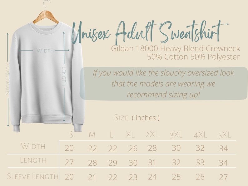 May include: A white unisex adult sweatshirt with size chart showing width, length, and sleeve length in inches. The text reads "Unisex Adult Sweatshirt" and "Gildan 18000 Heavy Blend Crewneck 50% Cotton 50% Polyester".