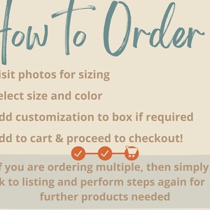 Puede incluir: C&oacute;mo pedir un producto: Visita las fotos para el tama&ntilde;o, selecciona la talla y el color, agrega una personalizaci&oacute;n a la caja si es necesario, agrega al carrito y procede al pago. Si pides varios art&iacute;culos, simplemente vuelve a la lista y repite los pasos para cualquier otro producto que necesites.