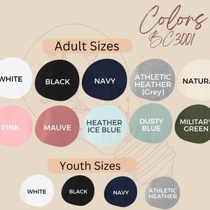 Puede incluir: Carta de colores para tallas de camisetas para adultos y j&oacute;venes. Los colores incluyen blanco, negro, azul marino, gris jaspeado, natural, rosa, malva, azul hielo jaspeado, azul polvoriento, verde militar.