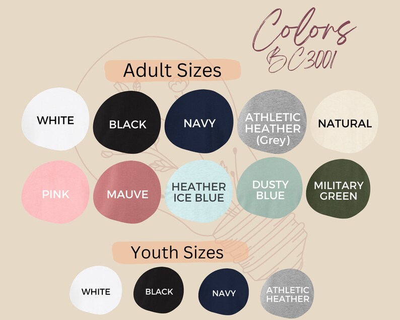 Puede incluir: Carta de colores para tallas de camisetas para adultos y j&oacute;venes. Los colores incluyen blanco, negro, azul marino, gris jaspeado, natural, rosa, malva, azul hielo jaspeado, azul polvoriento, verde militar.