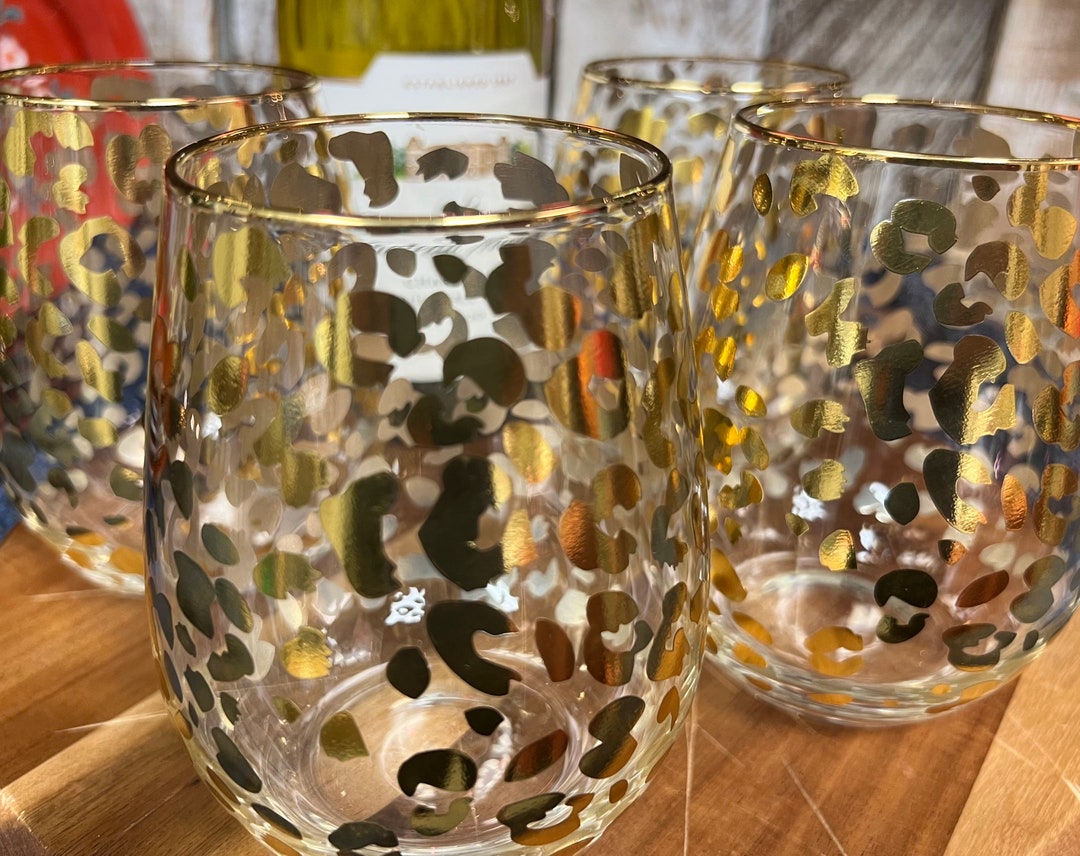 Stemless Wine Glasses Leopard Print Gold Rimmed Etsy