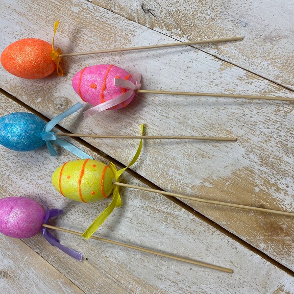 Easter Egg Picks With Glitter For Floral Art - 6 Count - 7 Inches