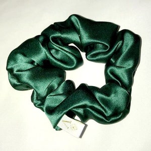 May include: A dark green satin scrunchie with a white tag.