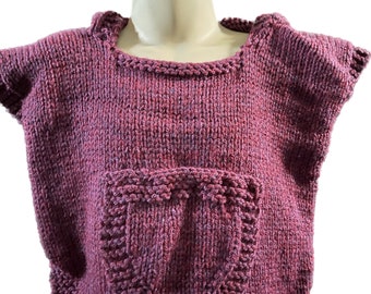 Poncho enfant 12-18 mois tricoté main avec capuche et poche de couleur violette