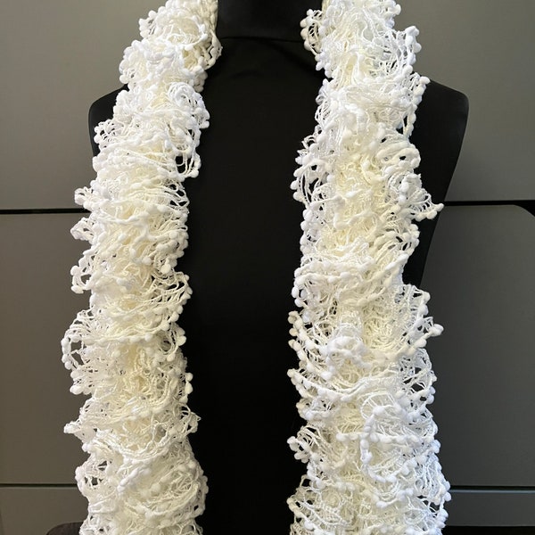 Hand knitted Delicate white arty statement ruffle scarf