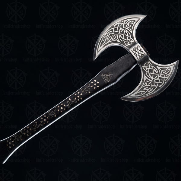 Hand-Engraved Viking Double Headed Axe | Celtic Knotwork, Dark Hardwood Handle, Leather Sheath
