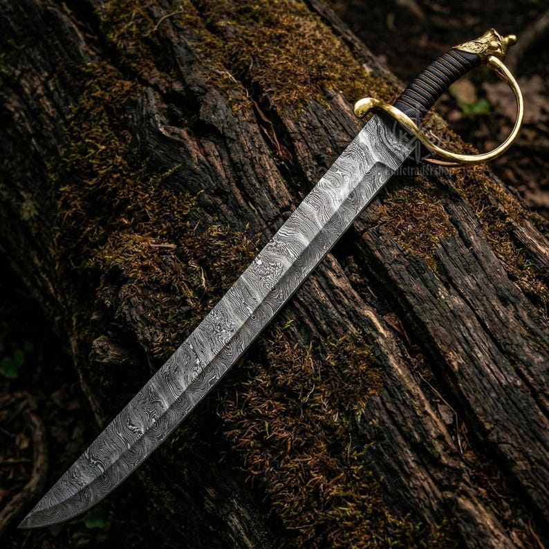 May include: A Damascus steel sword with a curved blade and a brass hilt. The handle is wrapped in black leather. The sword is resting on a moss-covered log, showcasing its intricate pattern and craftsmanship.