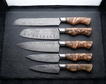 5 Piece Damascus Steel Chef Knife Set | Handmade Kitchen Knives With Leather Knife Roll | Damascus Knife Gift for Him