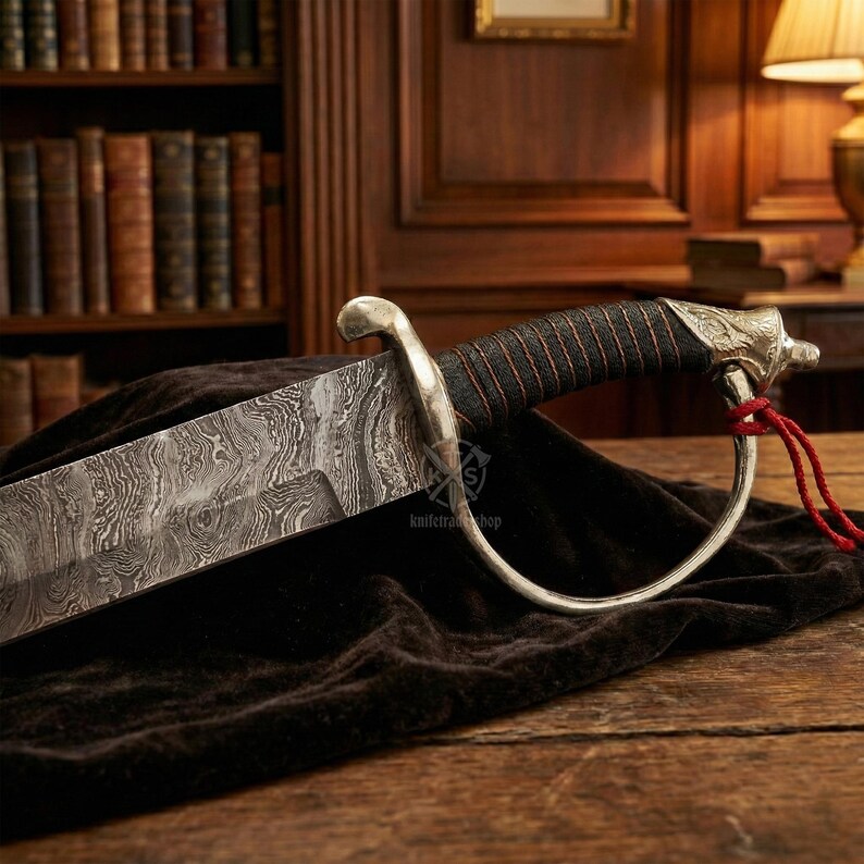 May include: A detailed image of a saber with a patterned blade and a black and red wrapped handle. The hilt features a decorative eagle head. The saber rests on a dark cloth, with a wooden background.