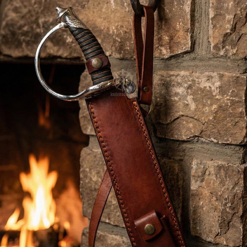 May include: A saber with a silver handle and a brown leather sheath. The handle has a black grip and a decorative metal guard. The sheath is a rich brown color and is hanging on a stone wall. The image has a warm, rustic feel.