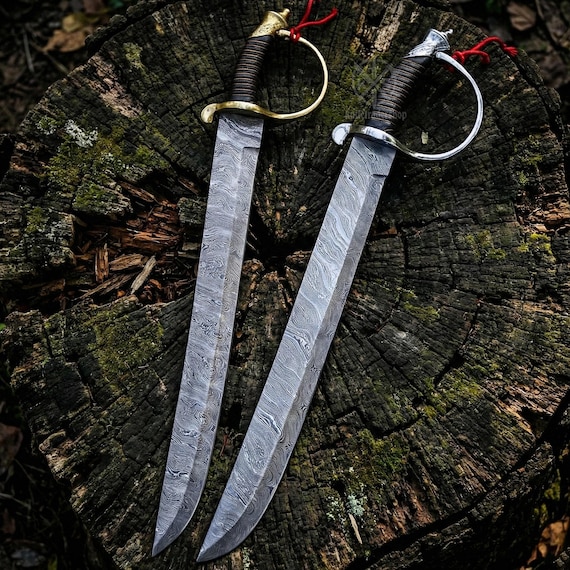 Hand Forged Damascus Steel Cutlass | Leather Sheath, Custom Handle